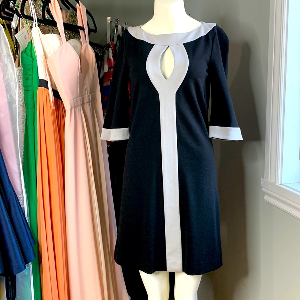 Trina Turk Key hole Shift Black Grey Dress Casual Cocktail Small